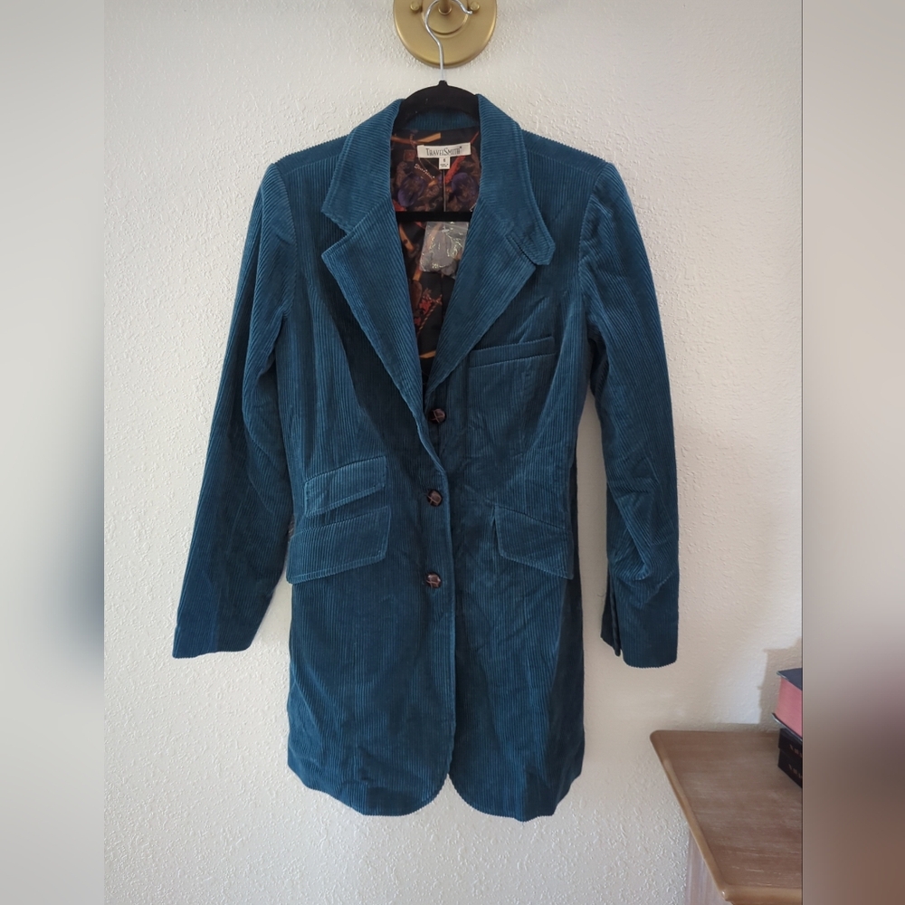 TravelSmith Teal Corduroy Swing Coat Lined sz 6 Button Front western boho NWOT